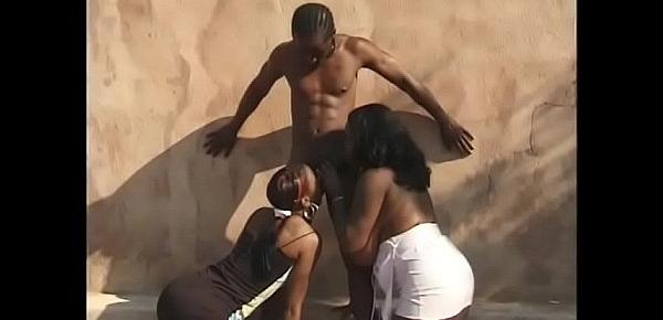  Black stud with a hard cock gets double blowjob by two eager ebony sluts Chastity and Kim Eternity outdoors